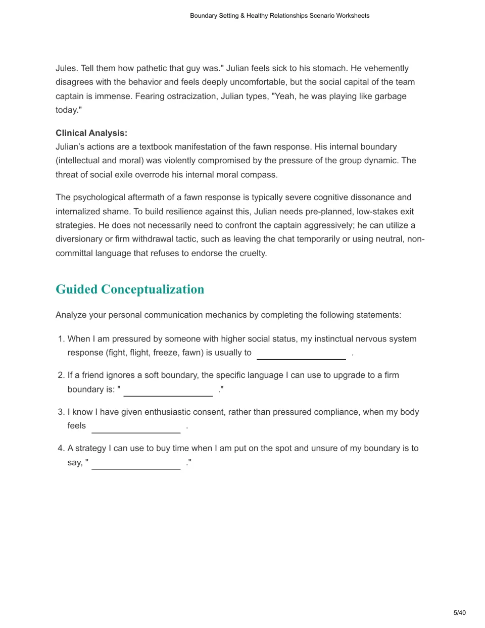 Case study 2 continues Julian's response to peer pressure, with analysis and four boundary communication prompts