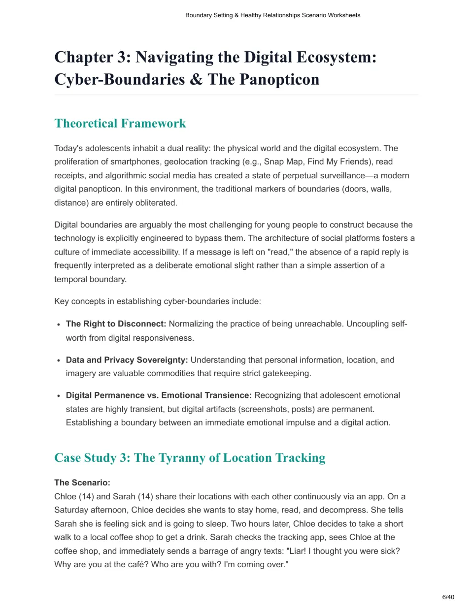 Chapter 3 lesson covers digital boundaries, privacy, and disconnecting, then begins a location-tracking case