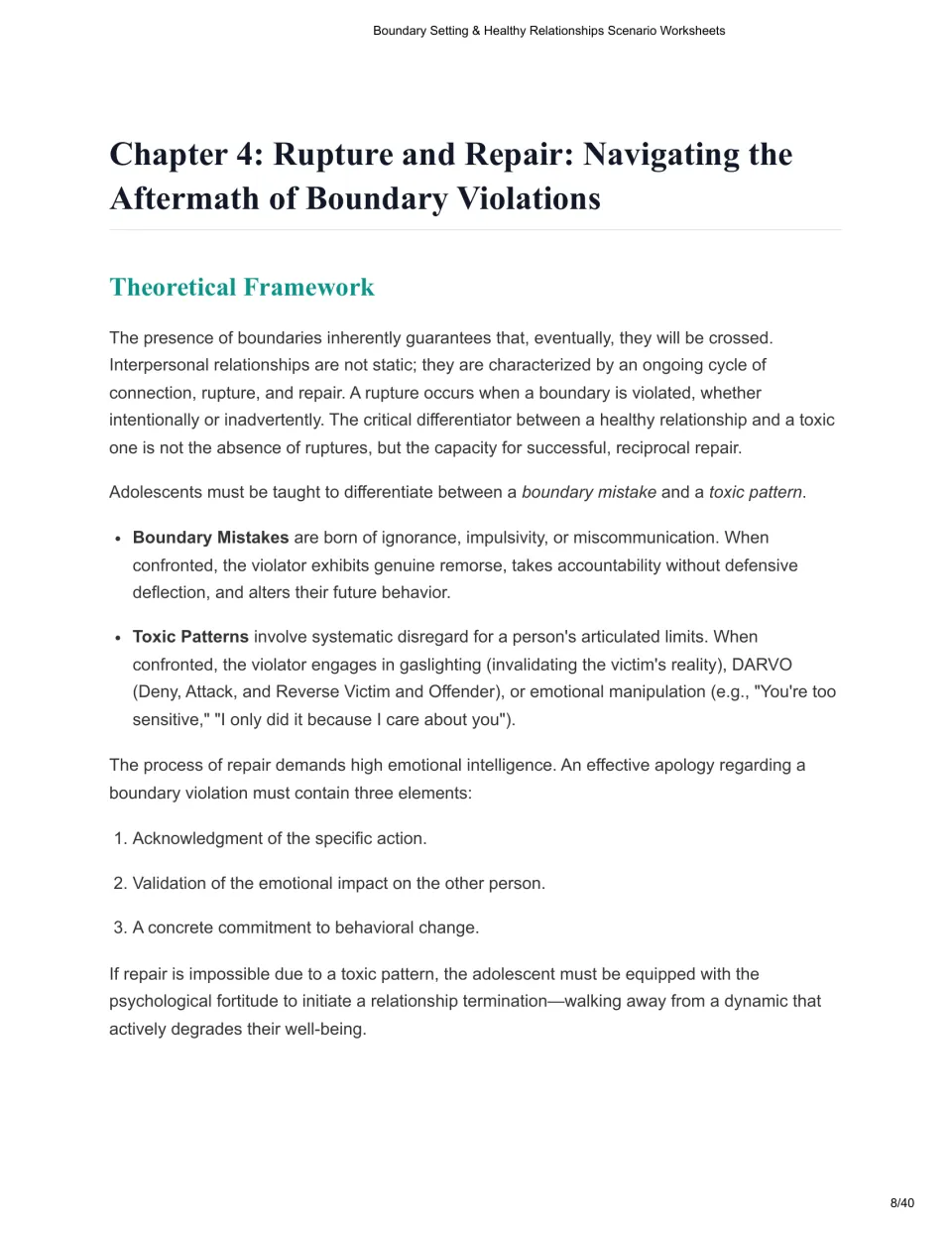 Chapter 4 lesson contrasts boundary mistakes with toxic patterns and lists three elements of an effective apology