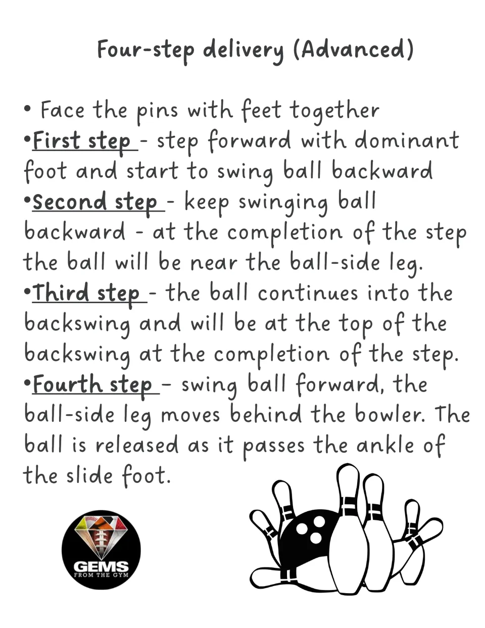 Advanced bowling delivery poster: four steps covering the dominant foot, backswing, slide foot, and release