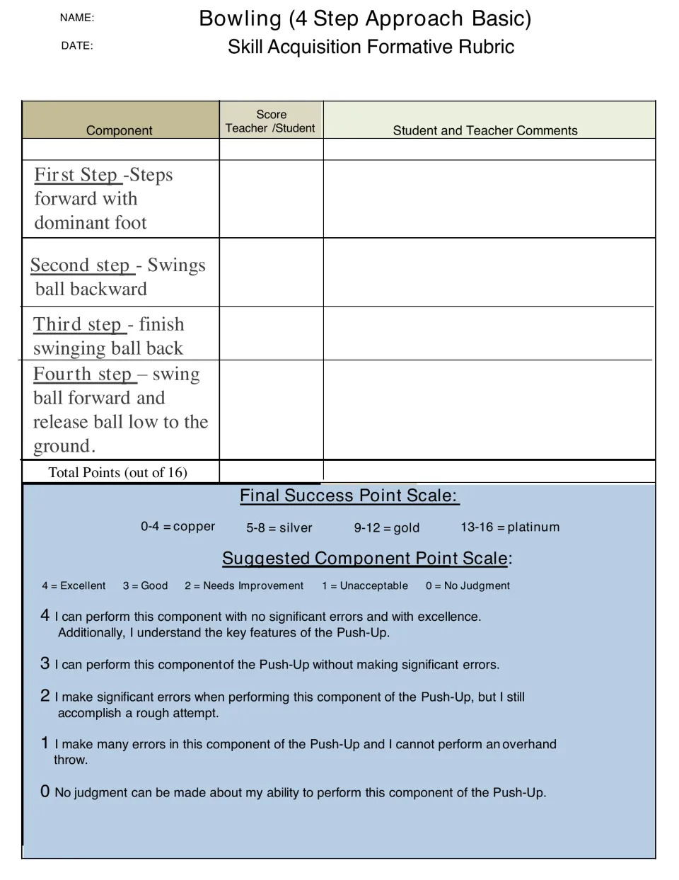 Basic bowling rubric assesses four novice approach steps, with teacher and student comments and 16 total points