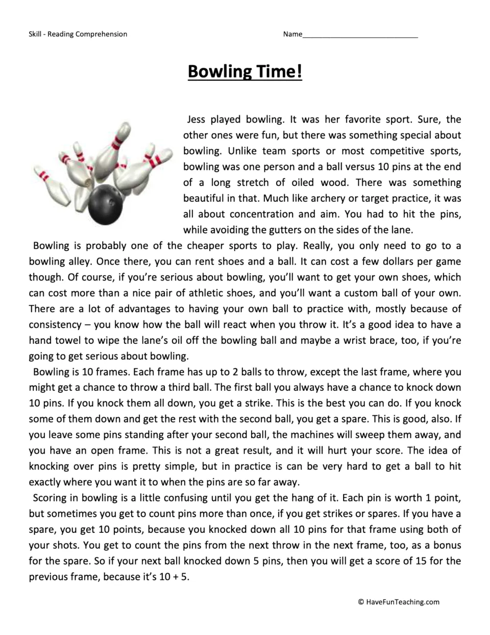 Reading passage part 1 introduces Jess and explains bowling equipment, frames, strikes, spares, and scoring.