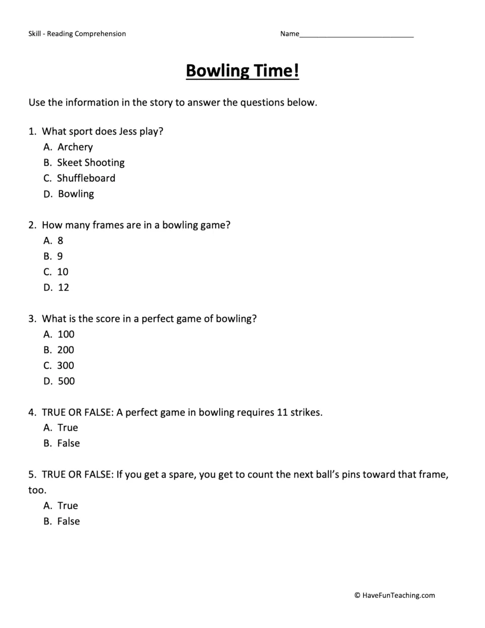 Five comprehension questions ask about Jess's sport, bowling frames, a perfect score, strikes, and spares.