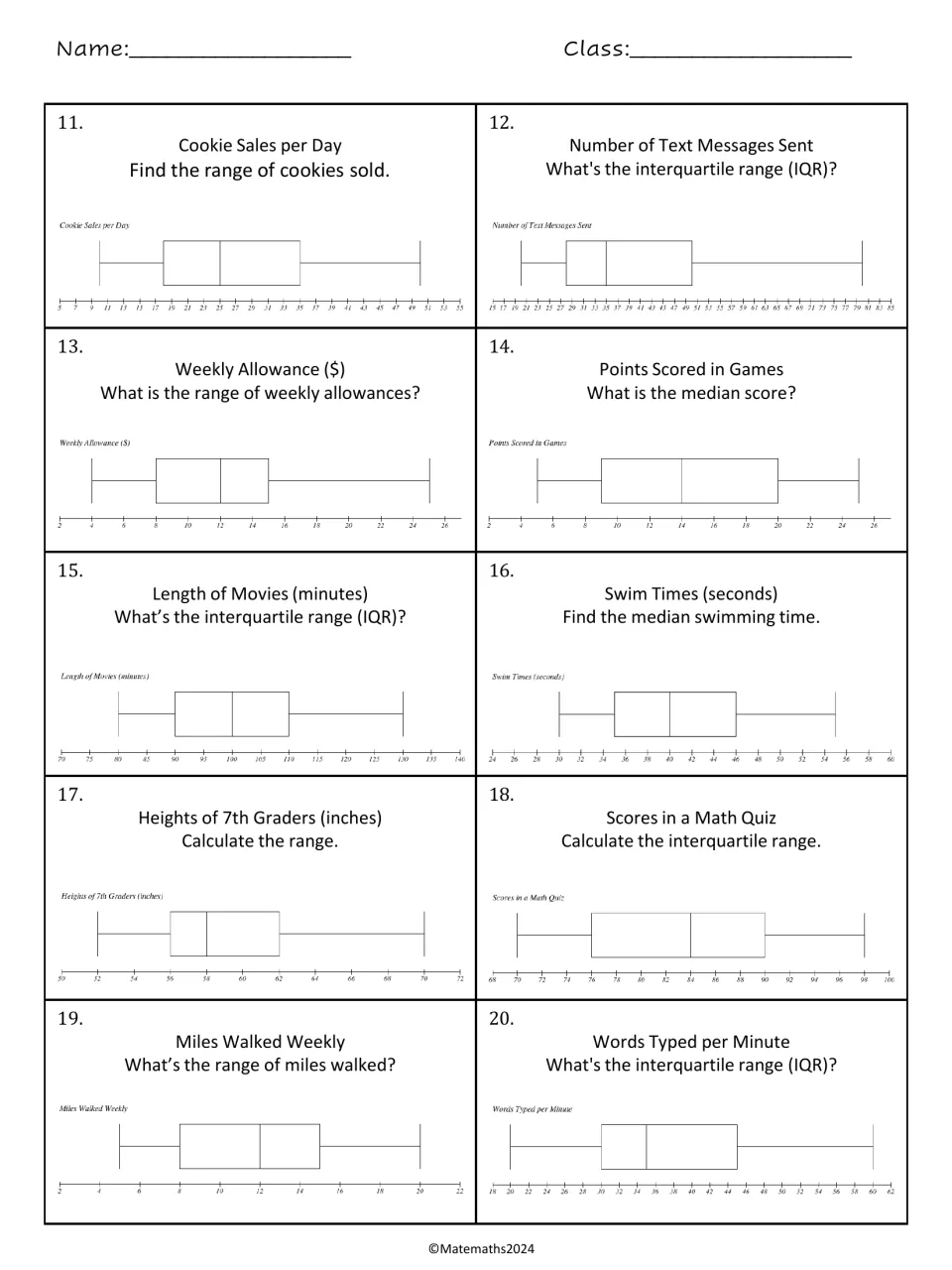 Box plot questions 11-20: students find range, IQR or median from plots of cookie sales, swim times and quiz scores