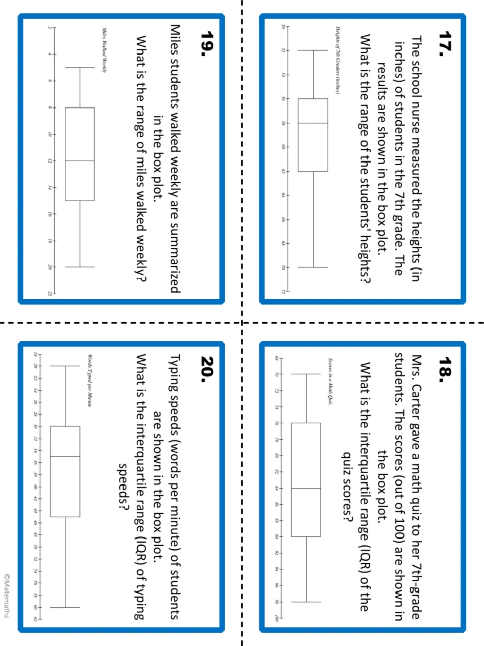 Cards 17-20: students find range or IQR from box plots of student heights, math quiz scores, miles walked, typing speeds