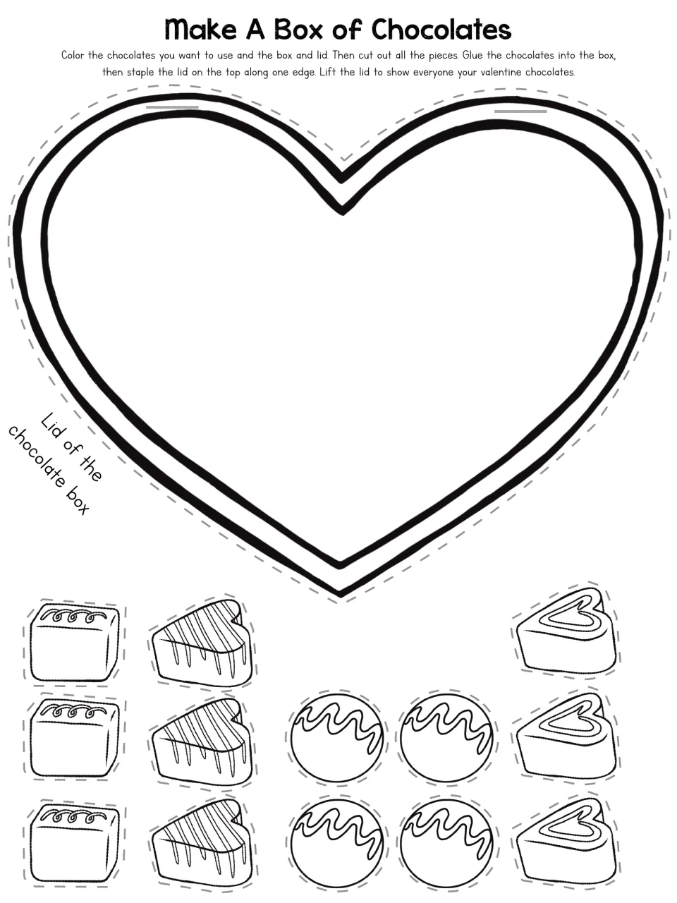 Make a box of chocolates: students color and cut out a blank heart lid and 13 square, heart and round chocolates