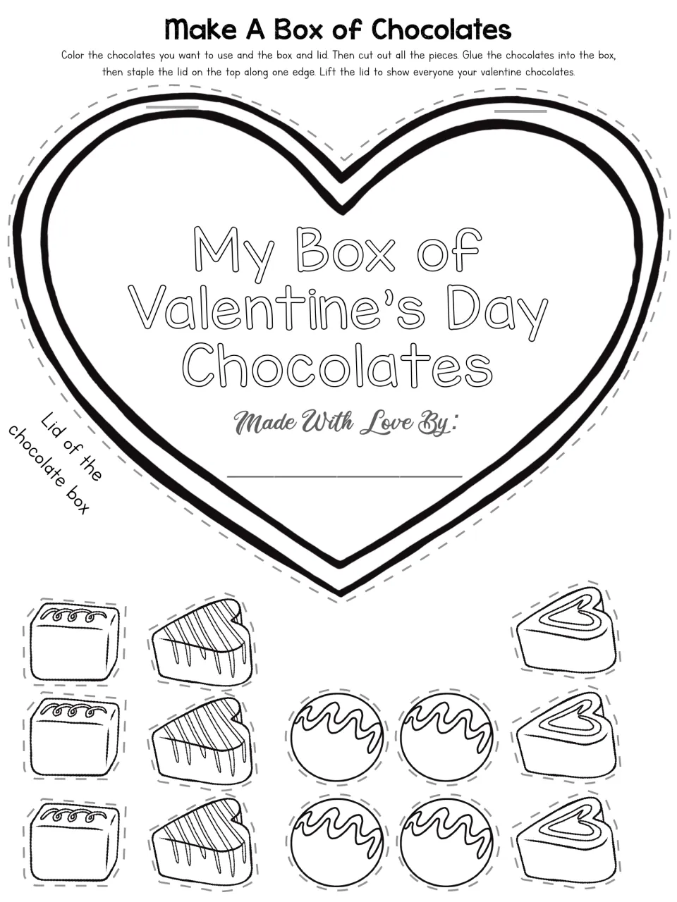 Titled lid reading 'My Box of Valentine's Day Chocolates, Made With Love By:' plus 13 chocolates to color and cut