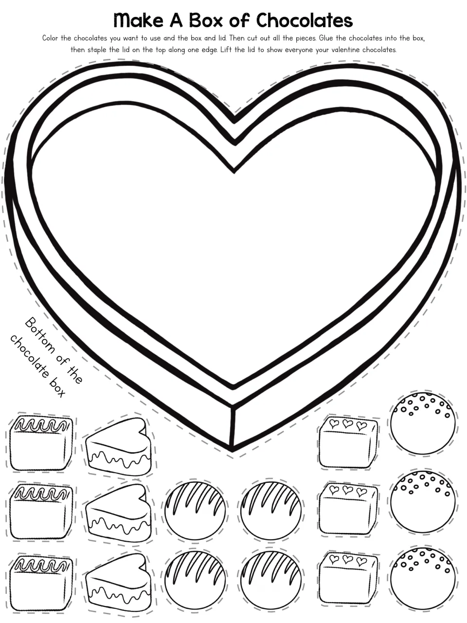 Bottom of the chocolate box: students color and cut out the heart-shaped box base and 18 chocolates to glue inside it