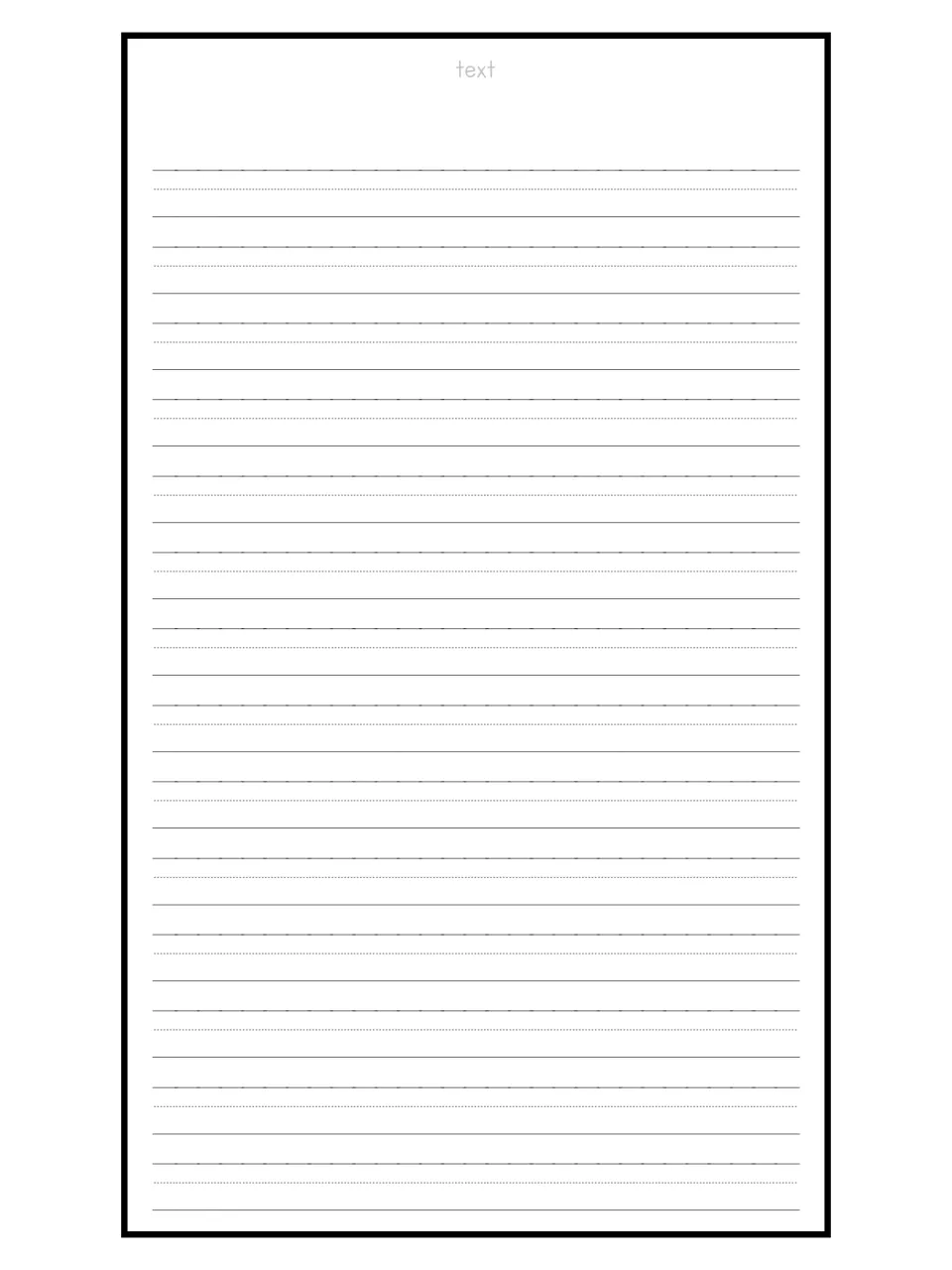 Primary handwriting paper with dotted midline guides under a placeholder 'text' heading, left blank for student writing