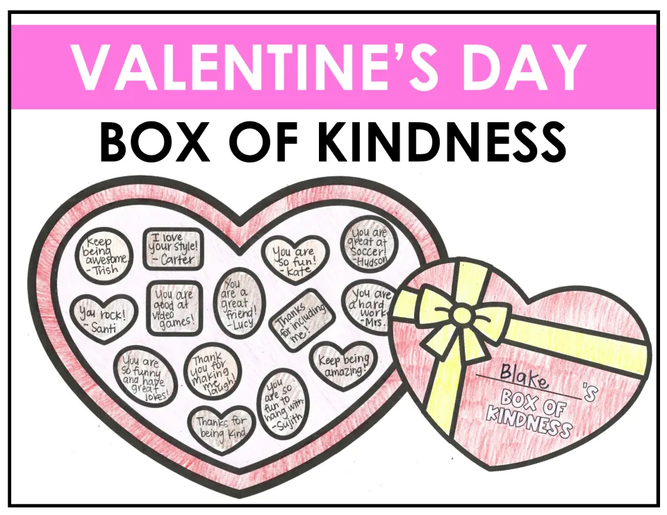 Cover of the kindness craft showing a completed heart-shaped chocolate box filled with classmates’ compliments