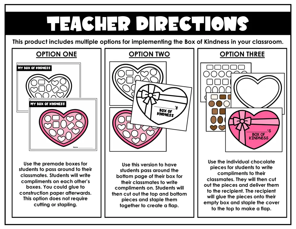 Teacher directions explain three options: write on premade boxes, staple on lids, or cut and glue chocolates