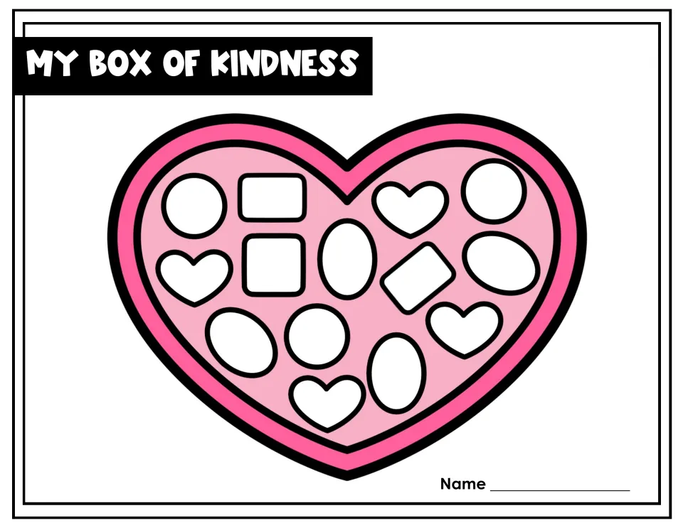 Option One pink “My Box of Kindness” sheet has white chocolate shapes for classmates to write compliments