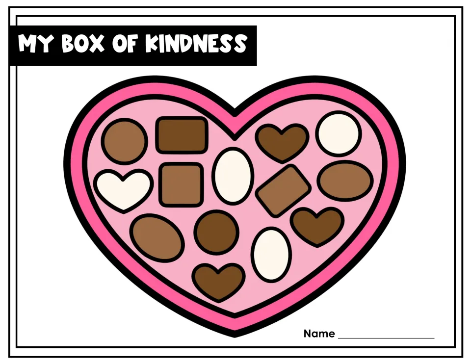 Option One pink “My Box of Kindness” sheet has brown and cream chocolate shapes for classmates’ compliments