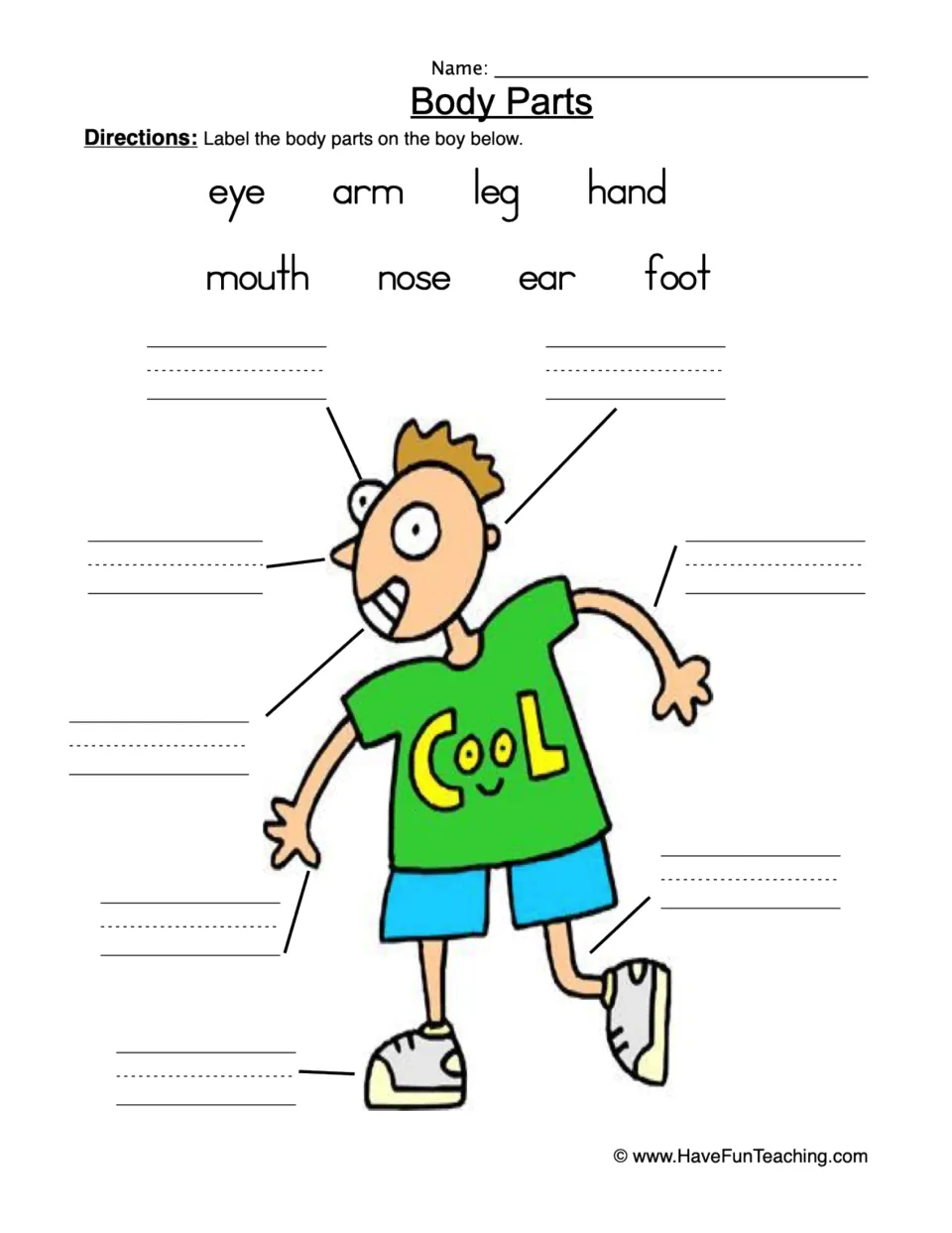 Body parts labeling worksheet: identify eye, arm, leg, hand, mouth, nose, ear, and foot on a boy.