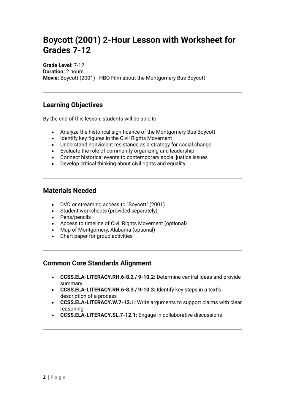 Lesson overview for the Boycott film: learning objectives, required materials, and Common Core alignment