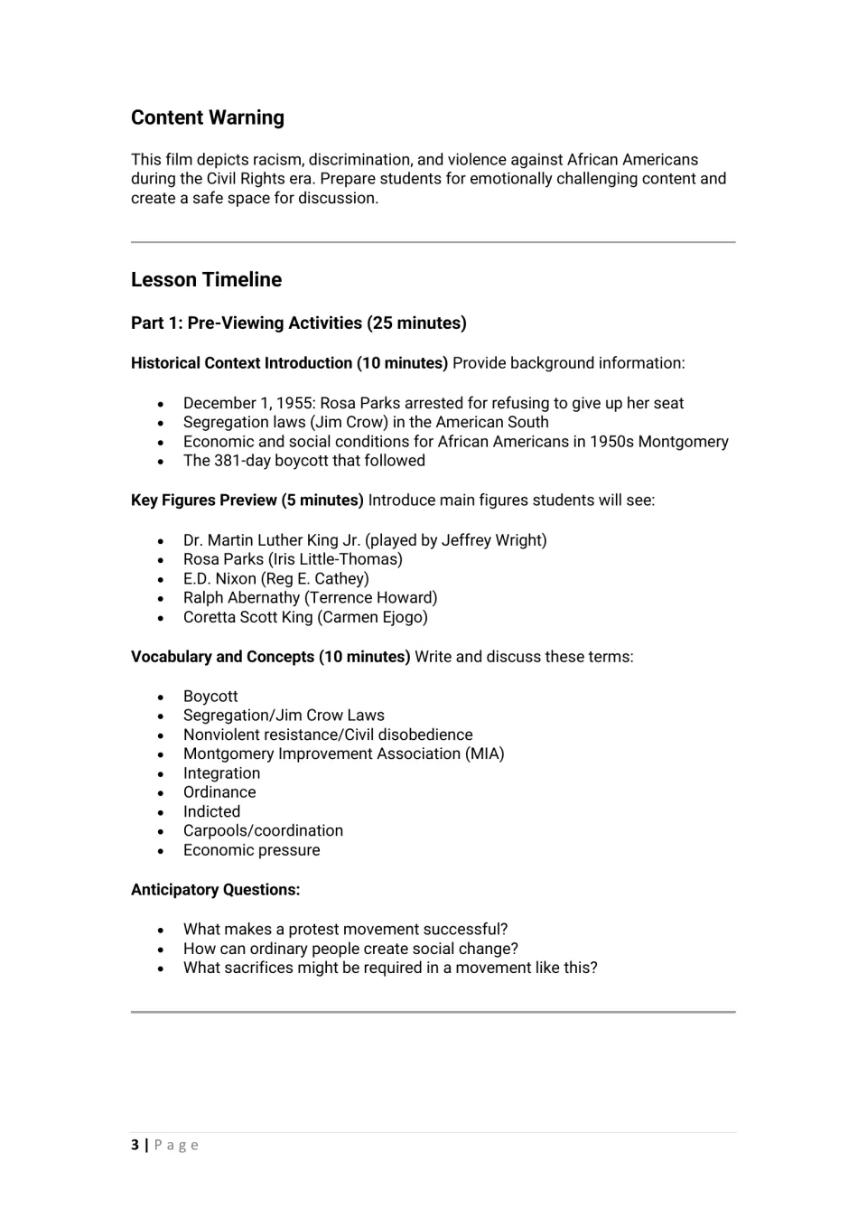 Pre-viewing lesson activities introduce historical context, key figures, vocabulary, and anticipatory questions