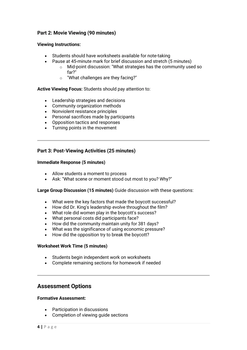 Viewing and post-viewing lesson steps cover note-taking, boycott discussion, worksheet work, and assessment