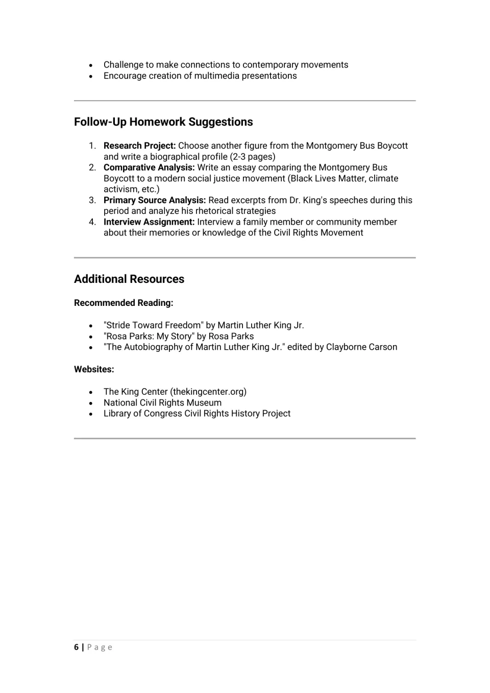 Lesson follow-up suggests biography research, comparative essays, speech analysis, interviews, and readings