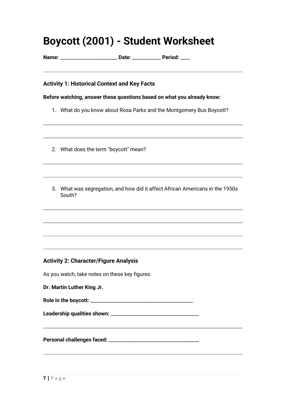 Student worksheet begins with Rosa Parks, boycott, and segregation questions, then analyzes Dr. King's leadership