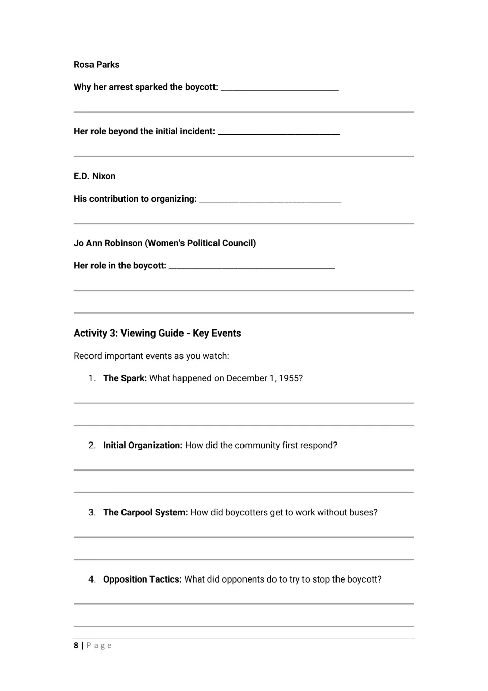 Student worksheet analyzes Rosa Parks, E.D. Nixon, and Jo Ann Robinson, then tracks four key boycott events