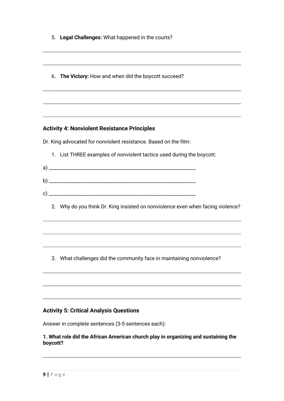 Student worksheet covers legal challenges, boycott victory, nonviolent tactics, and the African American church