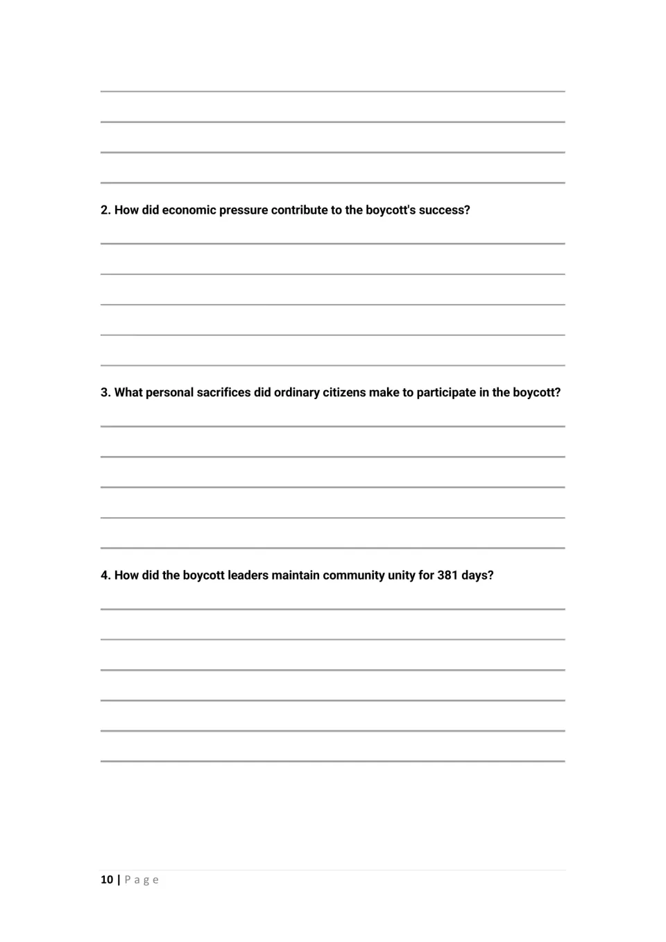 Student worksheet asks how economic pressure, personal sacrifices, and community unity sustained the boycott