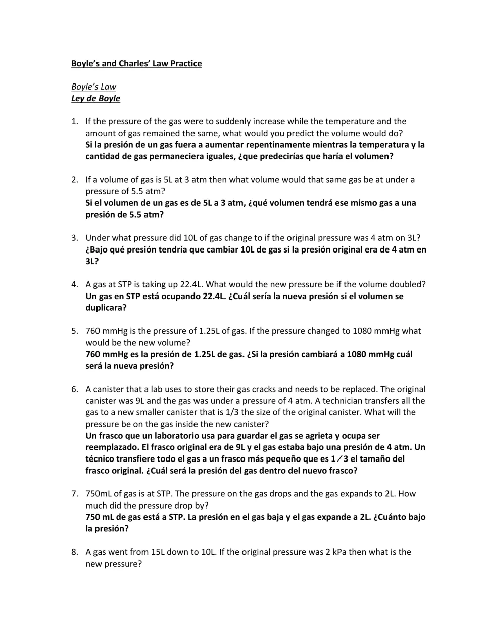 Boyle’s Law practice problems 1–8 in English and Spanish cover gas pressure, volume, STP, and canisters.