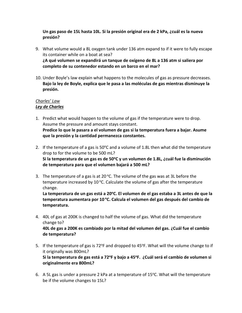 Bilingual gas laws practice continues with Boyle’s Law problems 9–10 and Charles’ Law problems 1–6.