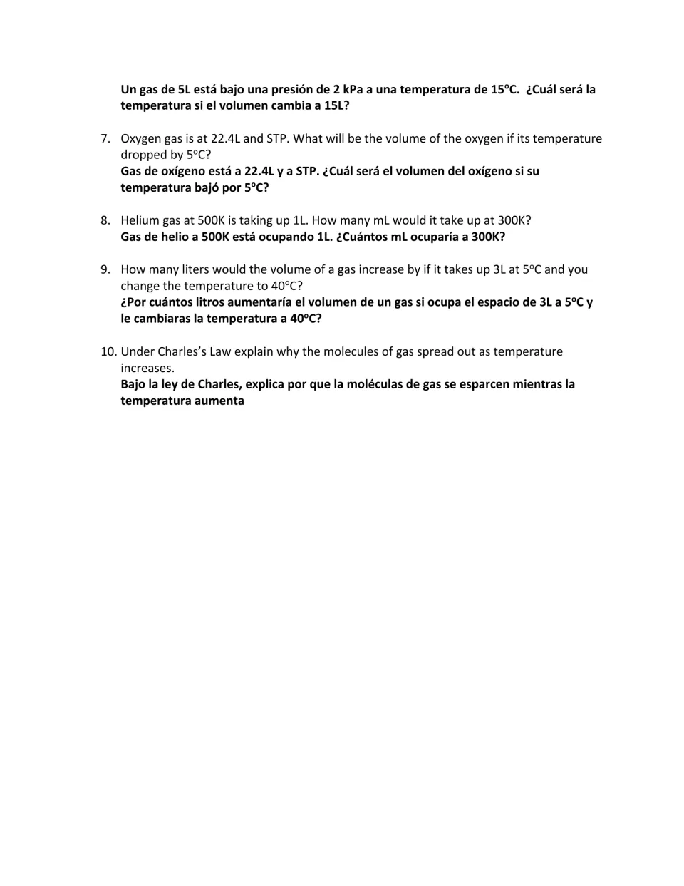 Charles’ Law practice problems 7–10 in English and Spanish ask about oxygen, helium, and gas expansion.