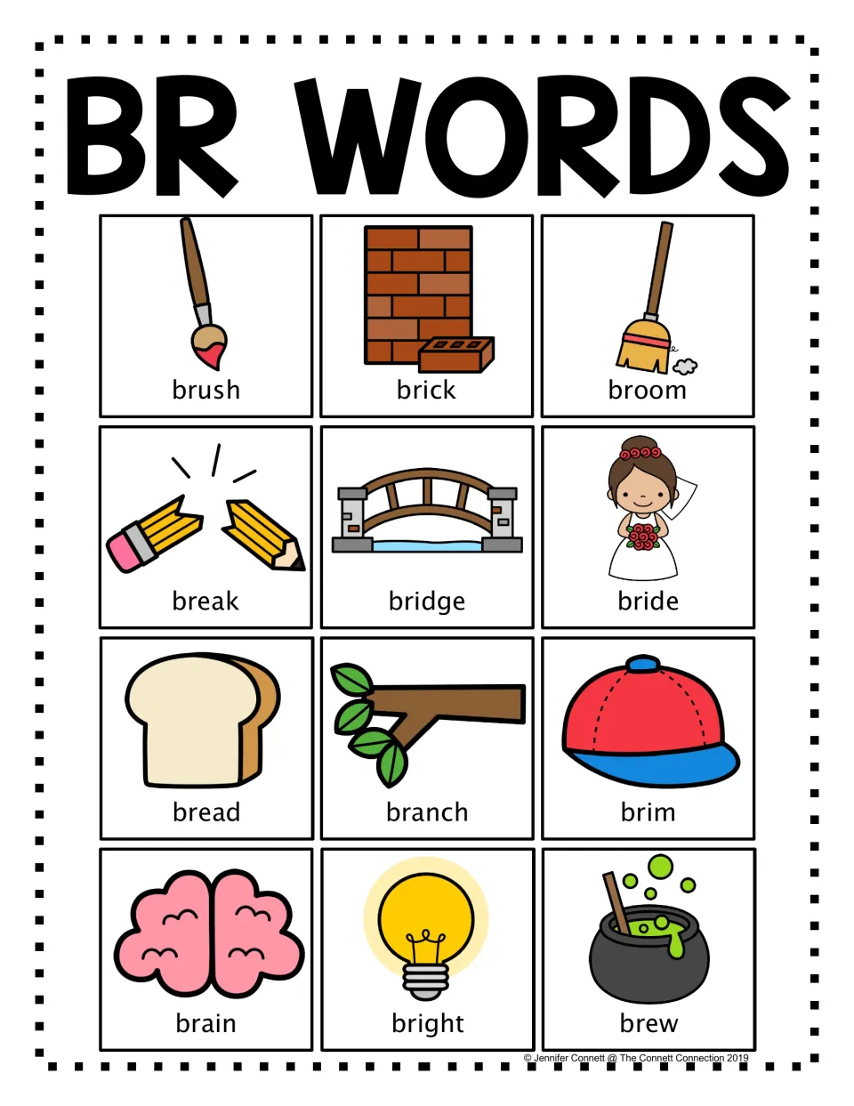 BR Words color poster: 12 pictured br blend words such as brush, brick, bridge, bread, brain and brew for phonics practice