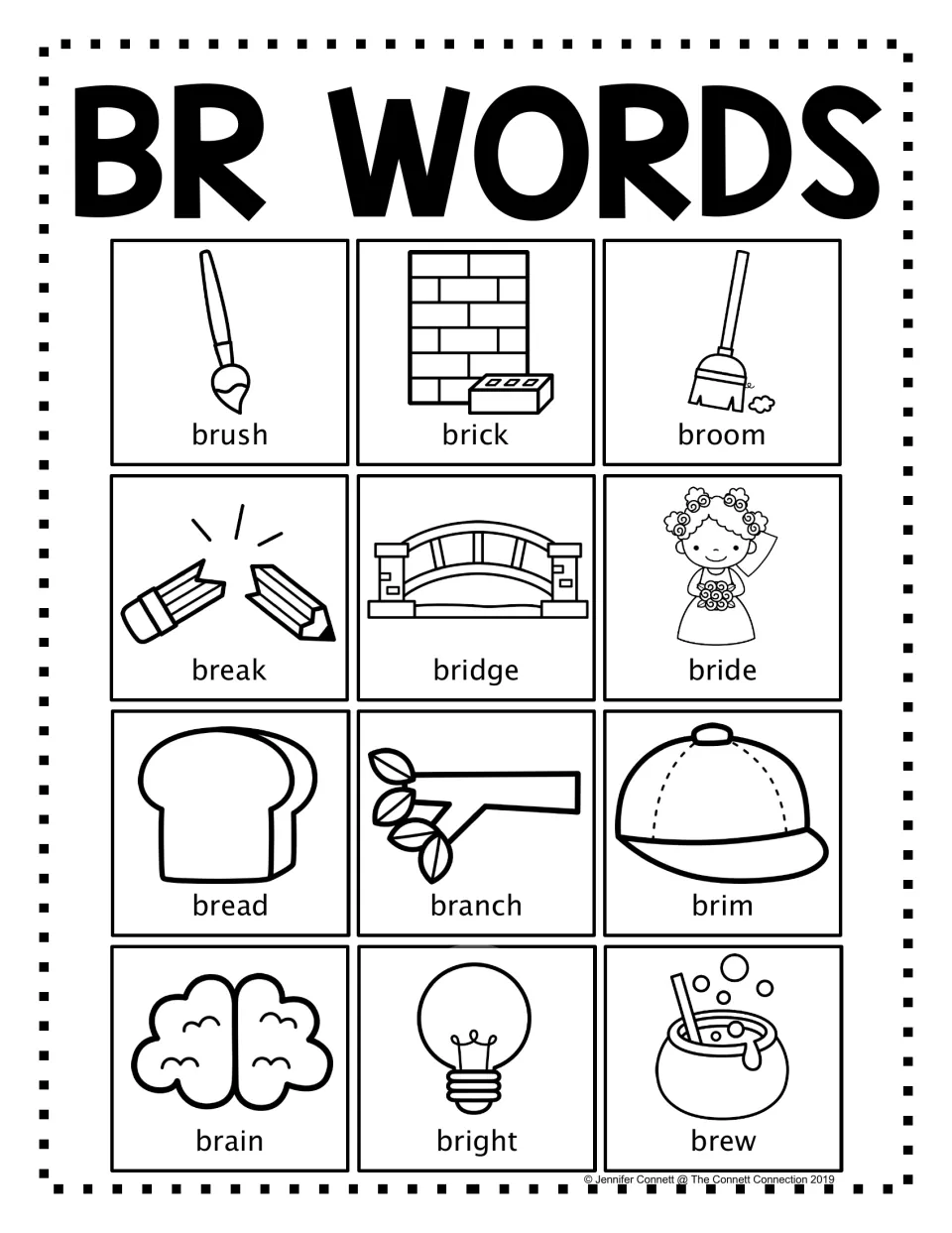 BR Words black-and-white poster with the same 12 br blend pictures, from broom and bride to branch, brim and bright