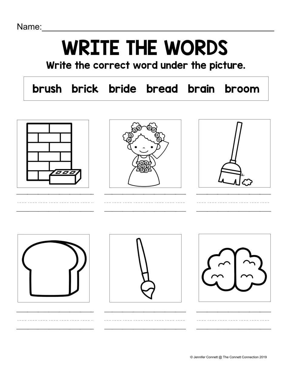 Write the words: students label six pictures with br words from a bank: brush, brick, bride, bread, brain, broom