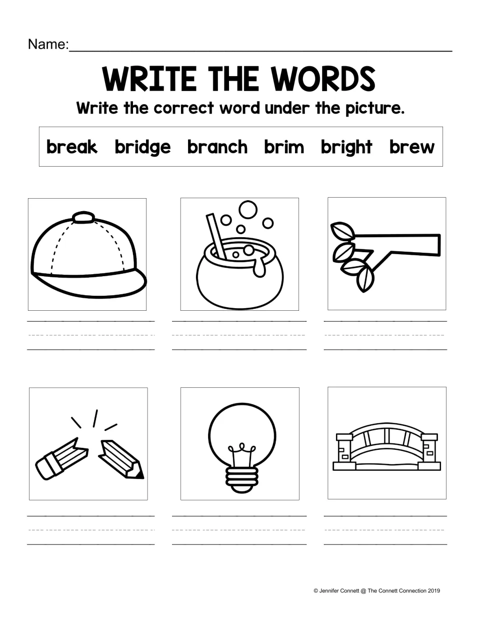 Write the words: students label six pictures with break, bridge, branch, brim, bright and brew from the word bank