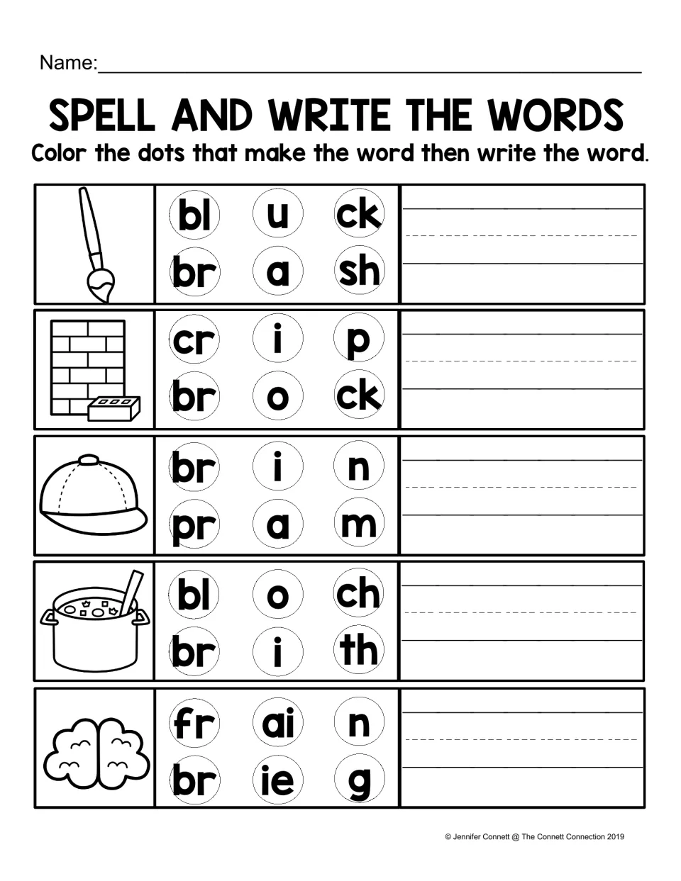 Spell and write the words: students color letter dots to build brush, brick, brim, broth and brain, then write each
