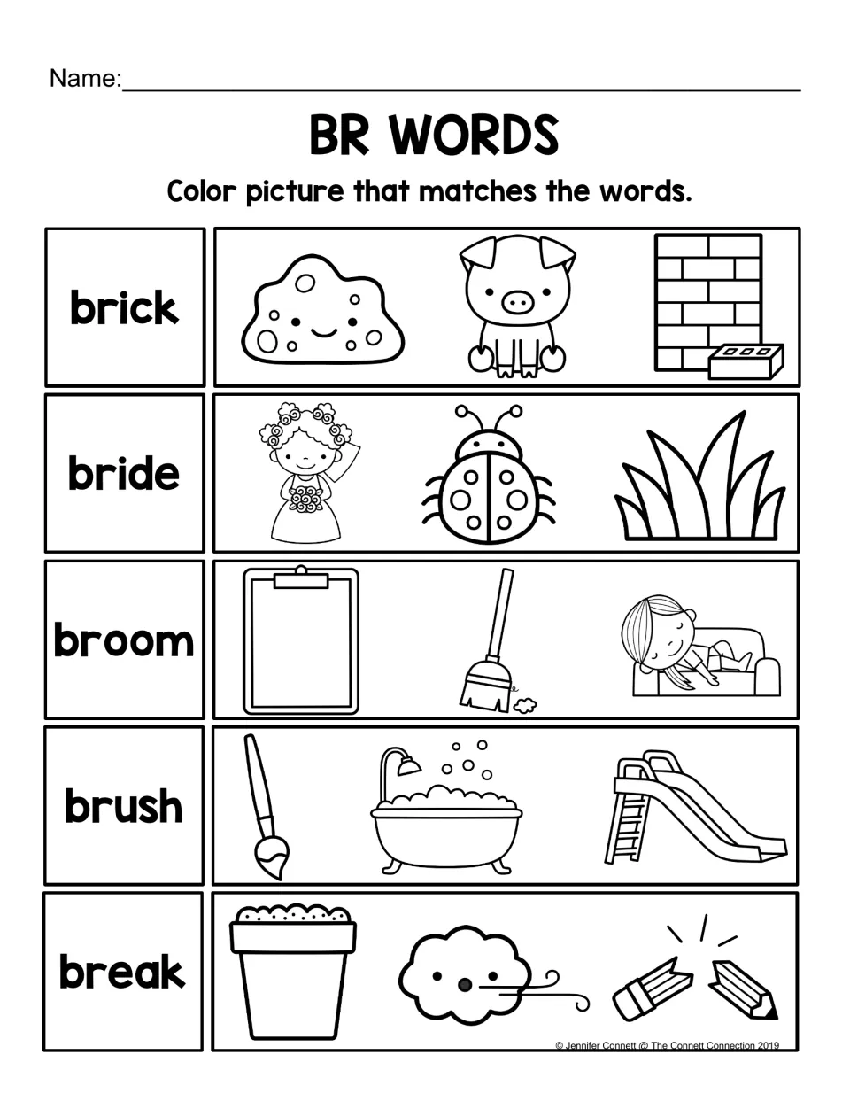 BR words picture match: students color the picture for brick, bride, broom, brush and break from three choices each