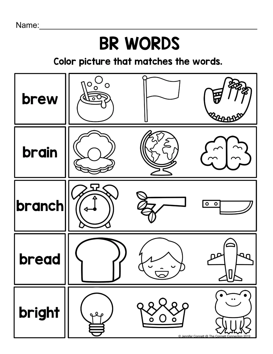 BR words picture match: students color the picture showing brew, brain, branch, bread or bright among three options