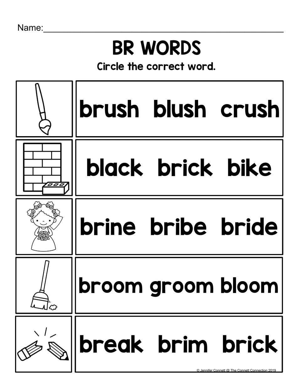 Circle the correct word: students pick brush, brick, bride, broom or break over look-alikes like blush, bribe, groom
