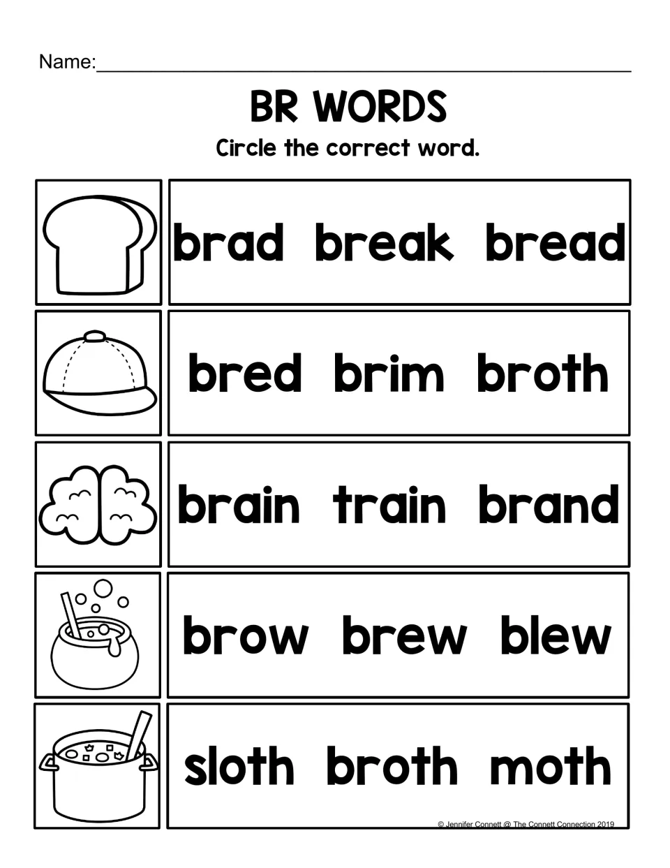 Circle the correct word: students choose bread, brim, brain, brew and broth for each picture over sound-alike words