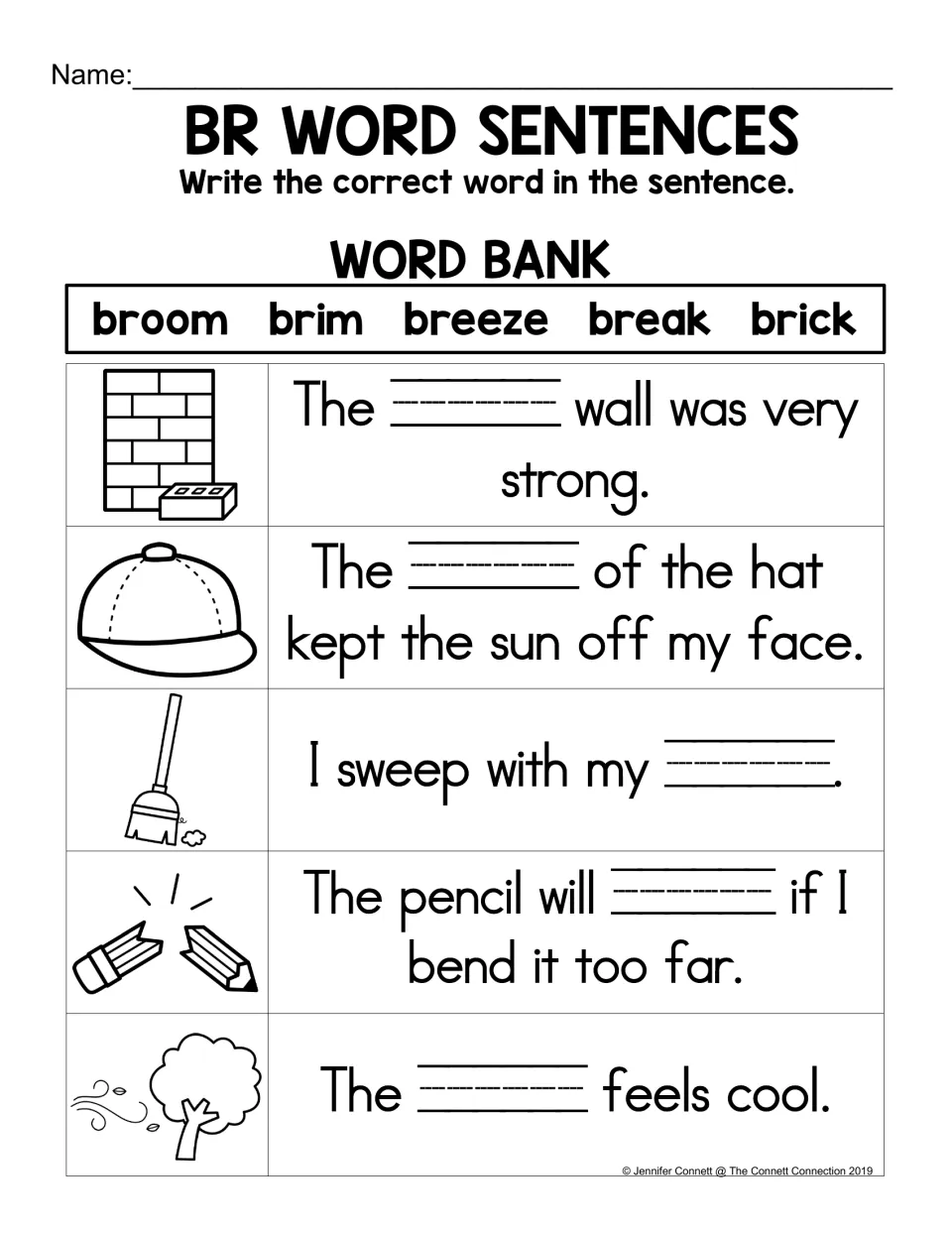 BR word sentences: students complete five sentences using broom, brim, breeze, break and brick from a word bank