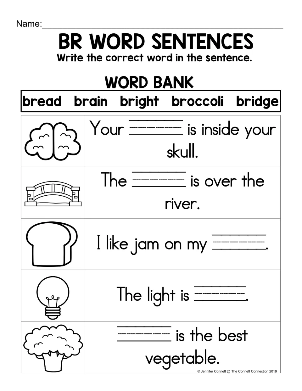 BR word sentences: students fill in bread, brain, bright, broccoli or bridge to finish five picture-cued sentences