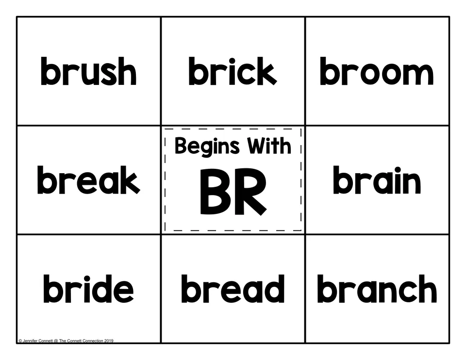 BR blends word mat: eight words such as brush, brick, broom, bride and branch around a Begins With BR center square