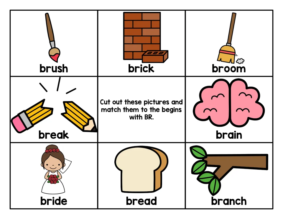 Color BR picture cards labeled brush, brick, broom, break, brain, bride, bread and branch to cut out and match to the mat