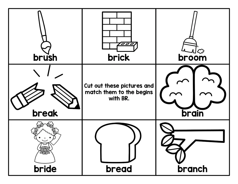 Black-and-white BR picture cards labeled brush, brick, broom, break, brain, bride, bread and branch to cut and match