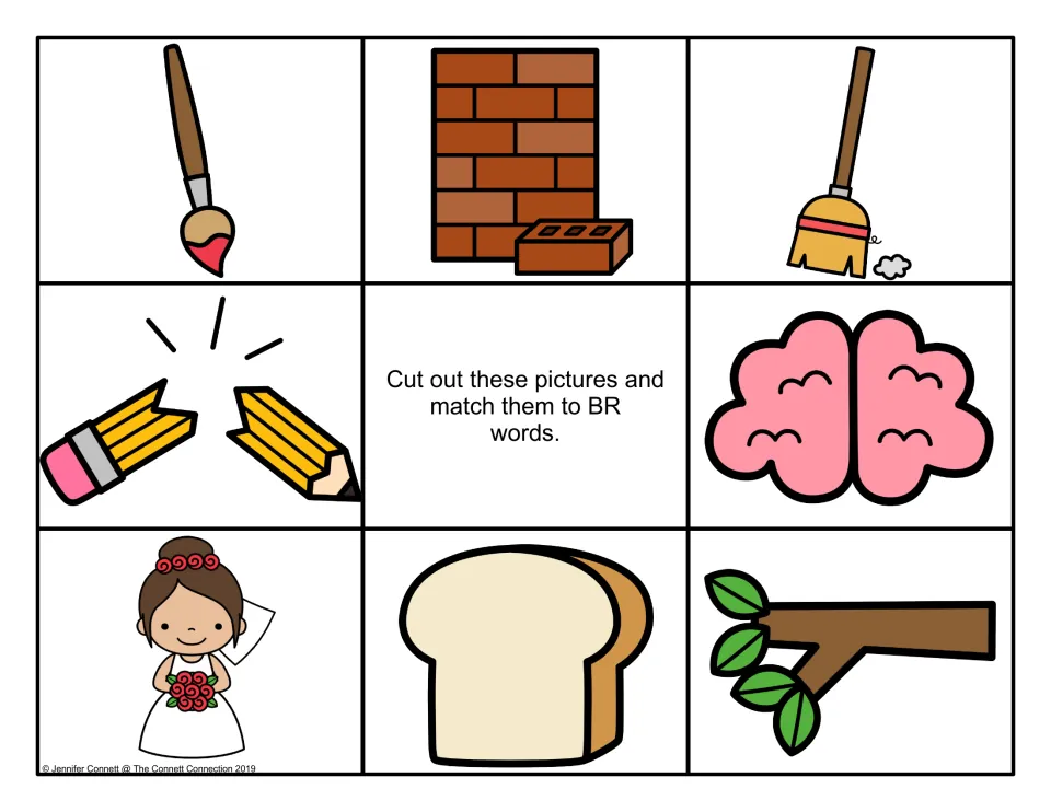 Unlabeled color BR cards: paintbrush, brick wall, broom, broken pencil, brain, bride, bread and branch to match to words