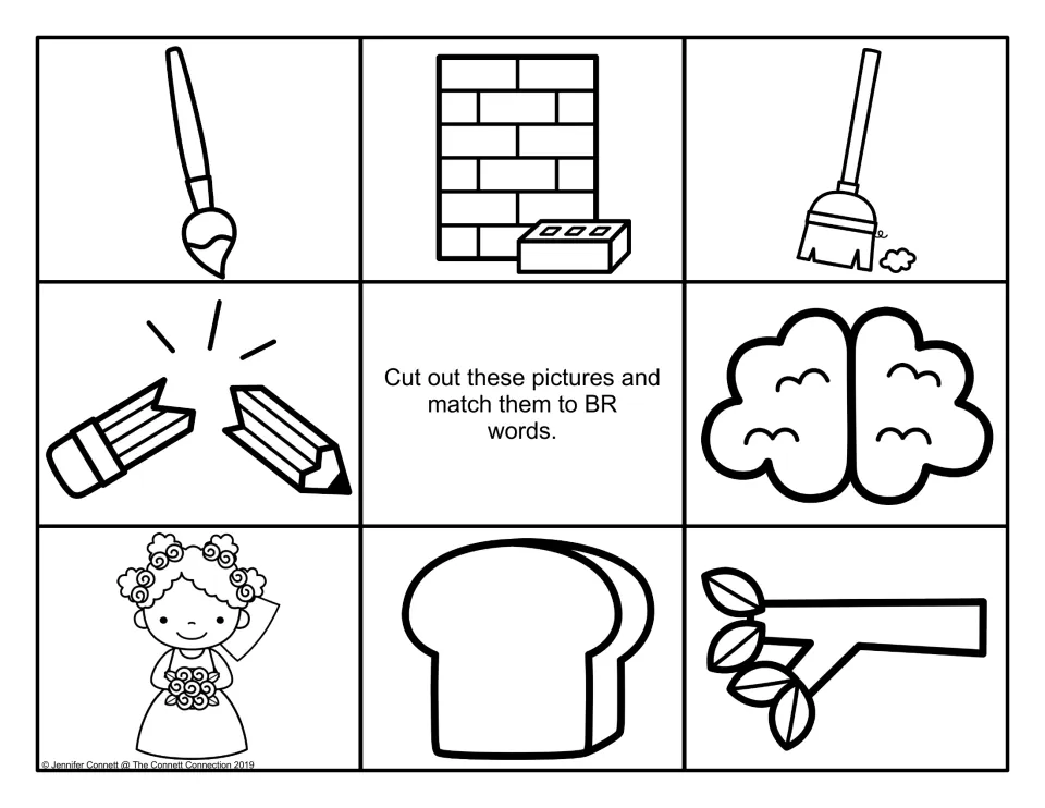 Unlabeled black-and-white BR cards: paintbrush, bricks, broom, snapped pencil, brain, bride, bread, branch to match words