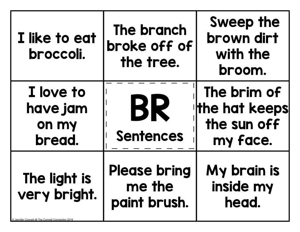 BR sentences mat: students read sentences like 'I like to eat broccoli.' and 'The light is very bright.' to match pictures
