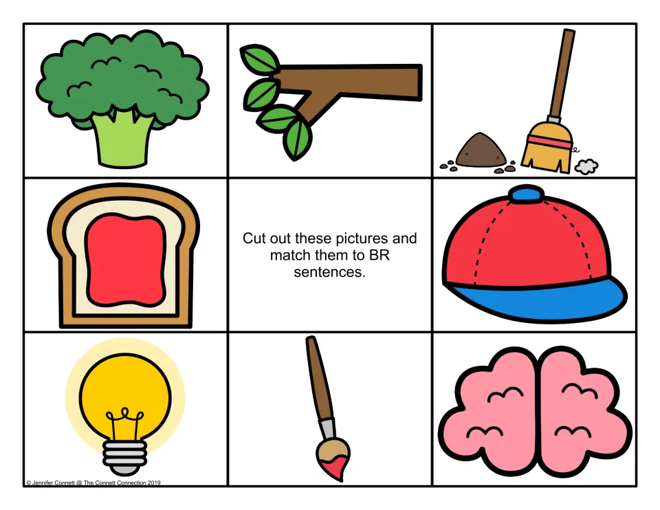 Color cards for BR sentences: broccoli, branch, broom with dirt, jam on bread, cap brim, bright bulb, paintbrush, brain