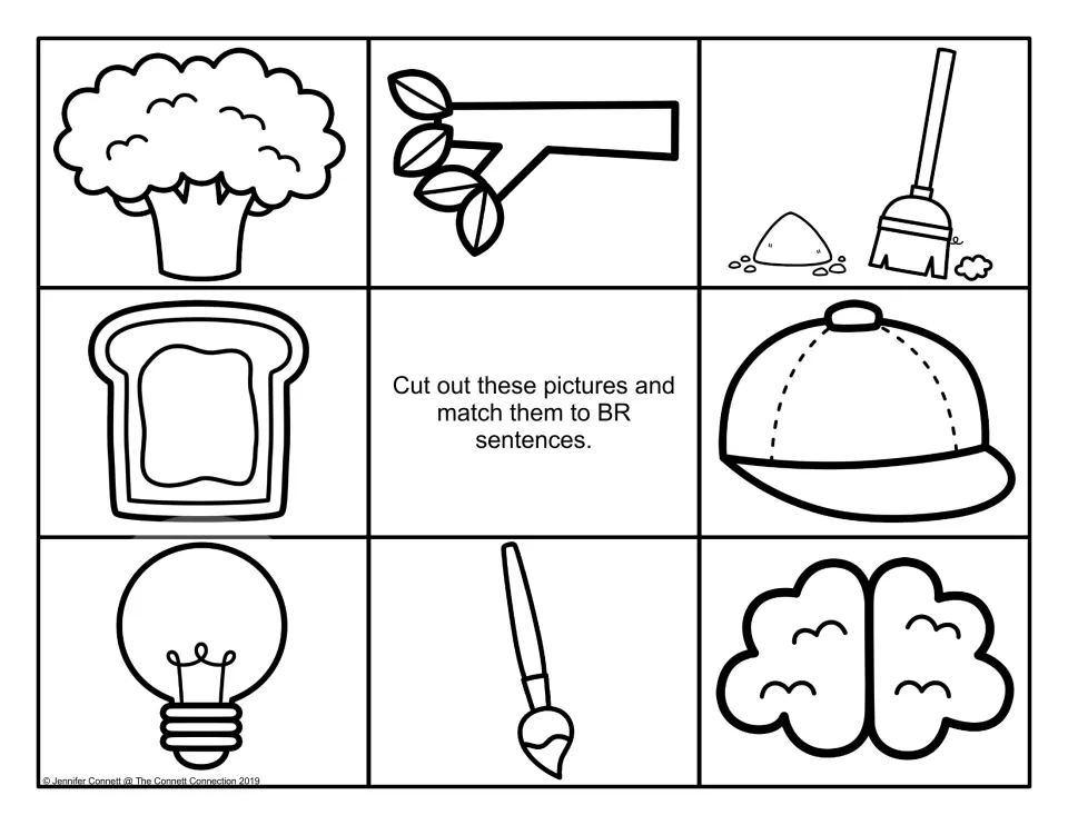 Black-and-white cards to match to BR sentences: broccoli, branch, broom and dirt, jam bread, cap, light bulb, brush, brain