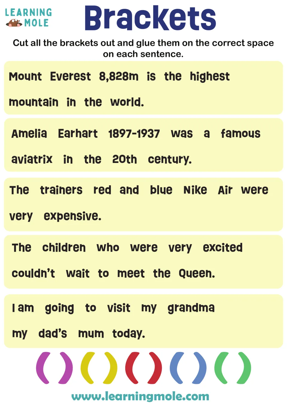 Brackets punctuation: students cut out 5 colored bracket pairs and glue them around extra details in 5 sentences