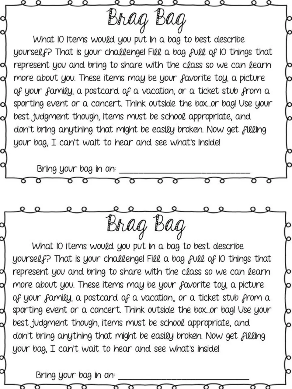 Bag activity directions, printed twice: bring 10 items that represent you to share with the class.